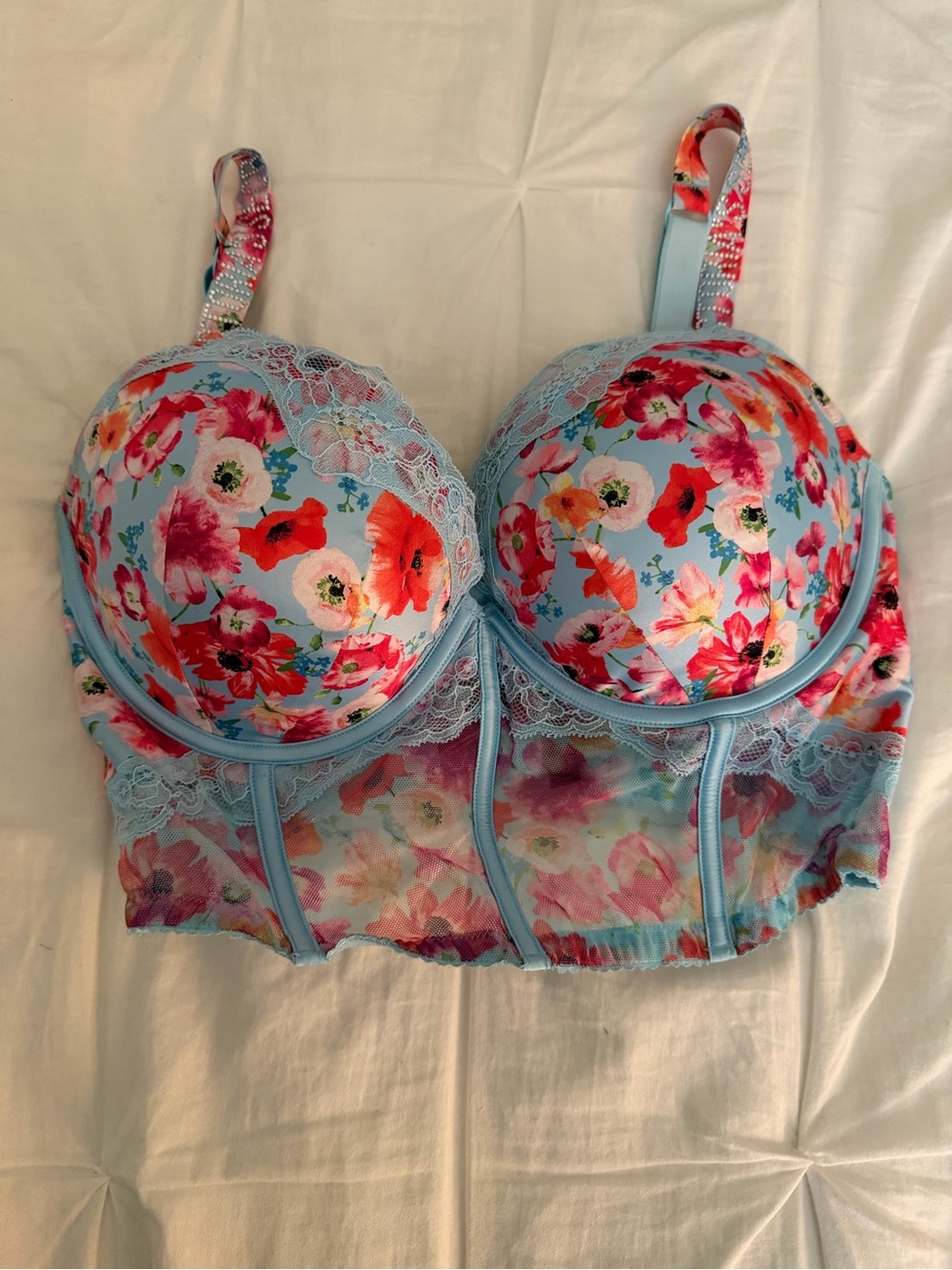 Victoria's Secret Floral Lace Longline Bra - Light Blue & Multicolor